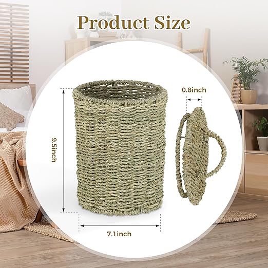Boho Wicker Trash Can with Lid,Waterproof Bathroom Trash Can Hand Woven Wicker Waste Baskets for Kitchen Office Bedroom
