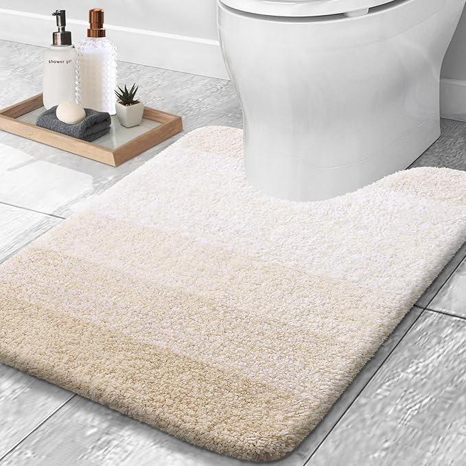 OLANLY Luxury Toilet Rugs U-Shaped 24x20, Extra Soft and Absorbent Microfiber Bathroom Rugs, Non-Slip Plush Shaggy Bath Mat, Machine Wash Dry, Contour Bathroom Mats for Toilet Base, Light Beige