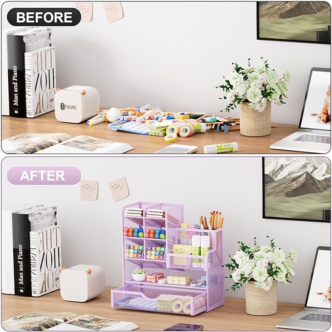 Marbrasse Mesh Pen Holder for Desk, Multi-Functional Pencil Organizer with Drawer, Desk Organizers and Accessories for Office Art Supplies (Purple)
