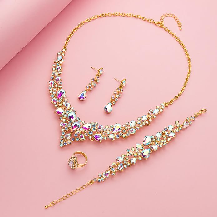 Crystal Bridal Wedding Jewelry Sets for Women Rhinestone Teardrop Crystal Statement Choker Necklace Drop Earrings Link Bracelets Rings Teardrop Jewelry Set for Brides Bridesmaids