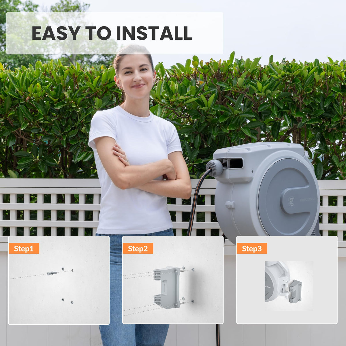 Giraffe Tools Retractable Garden Hose Reel, 5/8 in x 90 ft Heavy Duty Hose Reel With 9 Pattern Nozzle, Any Length Lock, Wall Mount Water Hose Reel, 180°Swivel, Light Grey