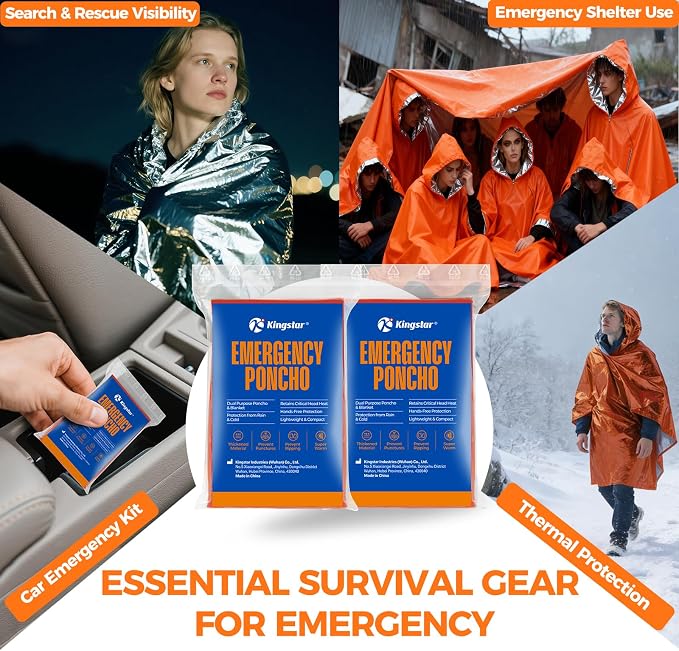 4 Pack Emergency Mylar Blanket Poncho | Waterproof Rain Ponchos | Reusable Packable Poncho | Survival Blanket Poncho for Outdoor Camping & Hiking, Rescue, Car Emergency Kit, Shelter/Tent Cover