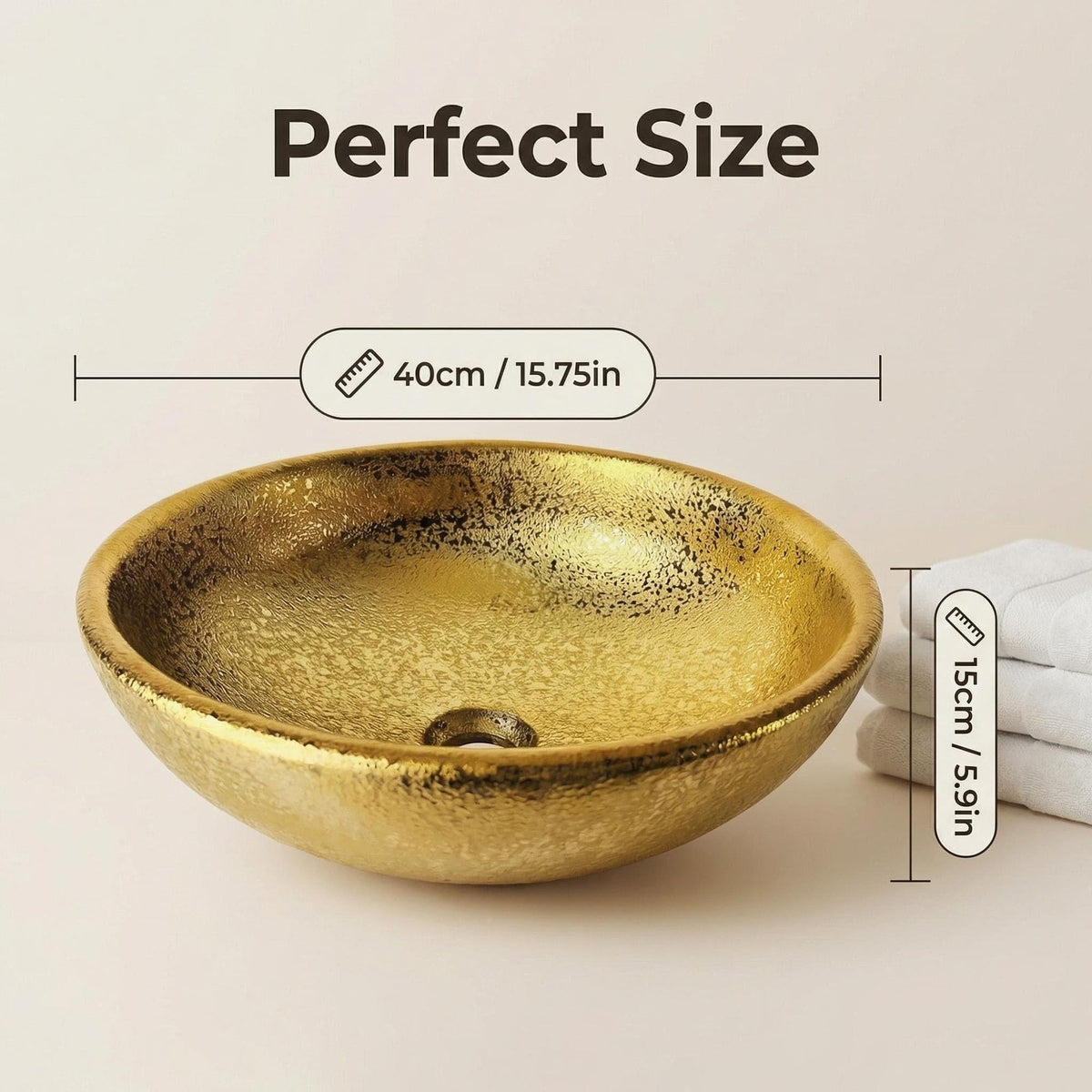 HOPESTAR Luxury Gold Ceramic Wash Hand Basin Round Vessel Sink, 15.8 x 15.8 x 5.9 Inches, Metal-plated Porcelain Washbasin,Art-filled Wash Fountain Bathroom Basin Circular Sink