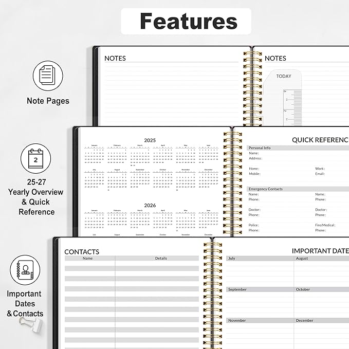 SUNEE 2025-2026 Appointment Book, Quarter-Hourly, Weekly & Monthly - from July 2025 to June 2026, 6.4"x8.3" Academic Planner, Flexible Cover, Note Pages, Bookmark, Spiral Binding, Black