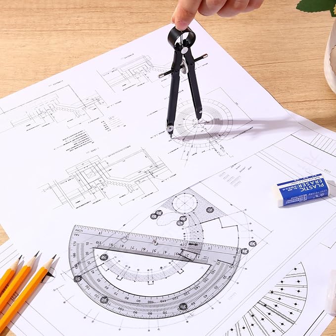 EBOOT Student Geometry Math Set, Drawing Compass and 6 Inch Clear Swing Arm Protractors 180 Degree Math Protractor (Black and Black)