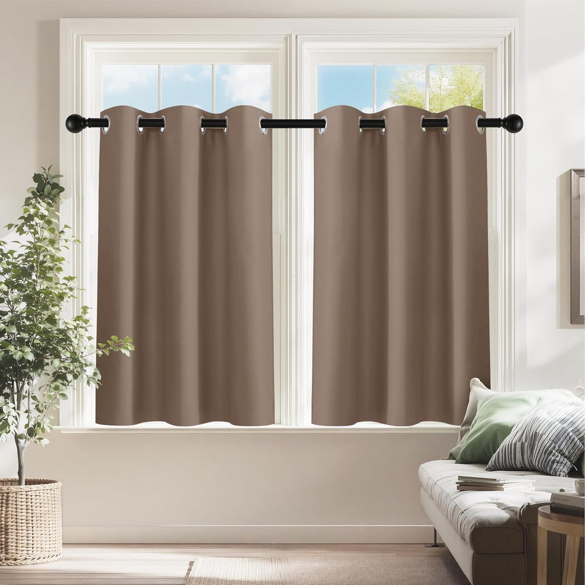PONY DANCE Small Curtains for Bathroom Windows, Blackout Blinds Shades for Bedroom Dorm Storage Cabinet Door Kitchen Basement Farmhouse Decor, W 34 x L 36 inches, Mocha, 2 Panels