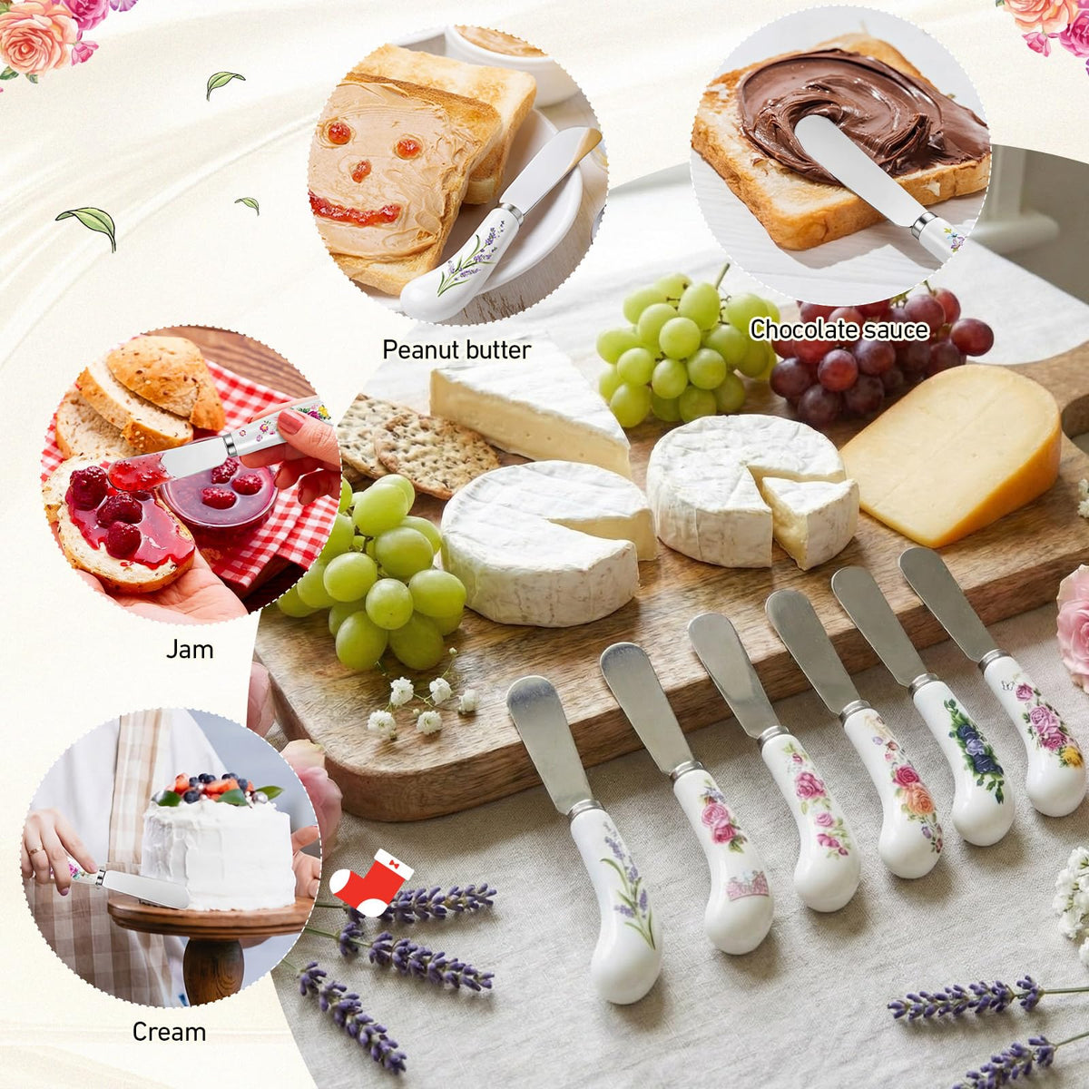 Yiyiring 6 Pack Floral Cheese Spreaders 4.95" Stainless Steel Butter Knife with Ceramic Handle for Jam, Pastry, Butter Knife - Holiday Silverware & Festive Kitchen Cutlery