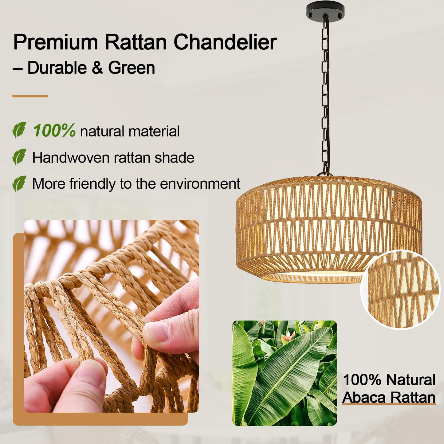 Farmhouse Chandelier Light Fixture, 5-Light Rattan Boho Chandeliers for Dining Room, Hand Woven Pendant Light with Linen Shade, Rustic Hanging Lighting for Kitchen Island, Bedroom (Bulb Not Included)