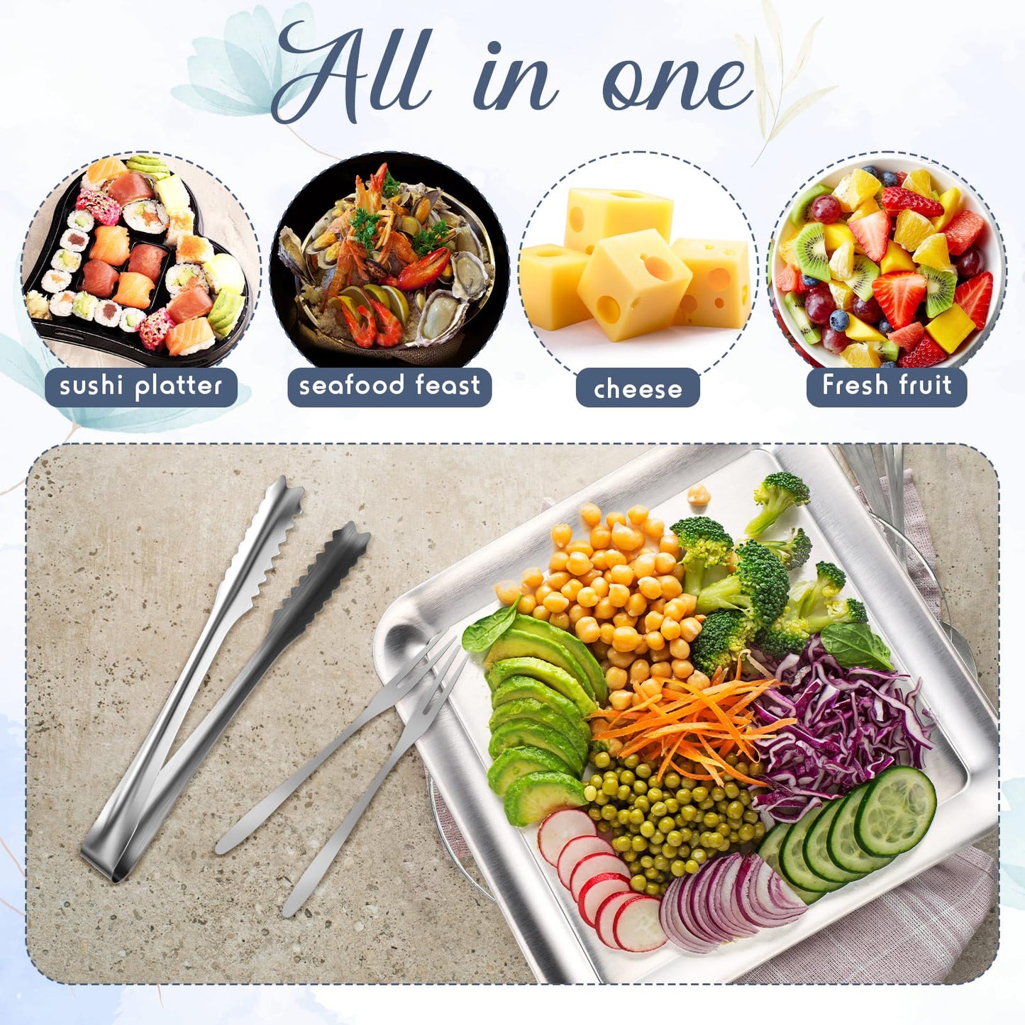 Baderke 4 Set 9" Chilled Serving Tray for Parties with Compartments Ice Chilled Party Platter Charcuterie Serving Board Cold Dish Dip with Forks Tongs for Fruit Seafood Vegetable Appetizer(Silver)