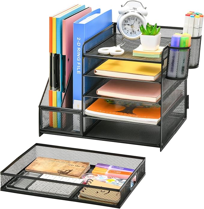 Marbrasse Desk Organizer with File Holder, 5-Tier Paper Letter Tray Organizer with Drawer and 2 Pen Holder, Mesh Desktop Organizer and Storage with Magazine Holder for Office Supplies(Black)