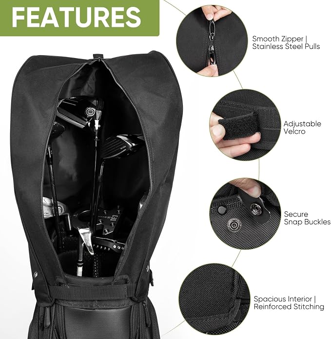 Golf Bag Rain Cover Hood Waterproof 1680D Nylon Dustproof Universal Fit with Adjustable Rain Cape for Stand/Cart Bags, All Black or US Flag Style