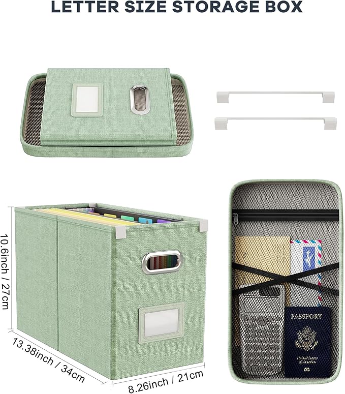 Oterri File Organizer Box with Lid, Hanging Filing File Box with Mesh Pocket, Document Organizer Box for Letter Files, Portable Storage Box(1 PCS, Green)