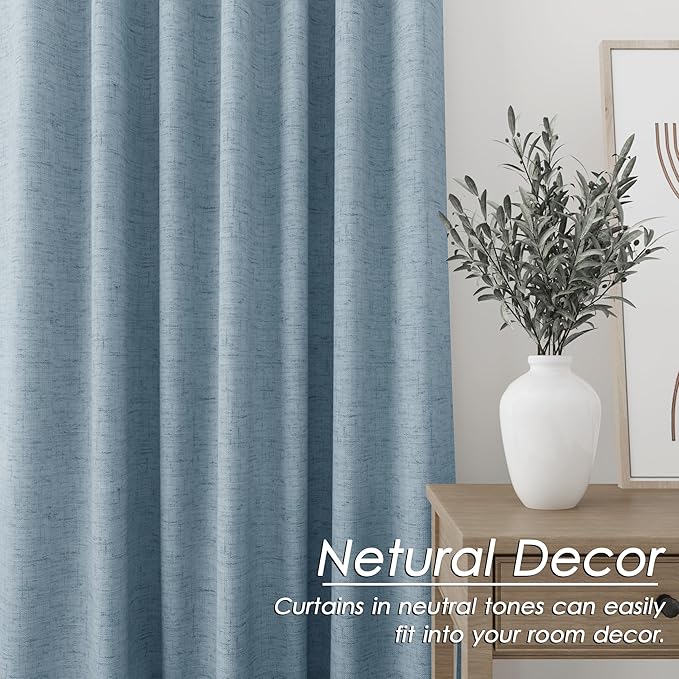 Blue Linen 100% Black Out Curtains 108 Inches Long 2 Panels Set for Bedroom Boho Farmhouse Back Tab Thermal Insulated Energy Efficient Room Darkening Curtains Living Room High Ceiling Length 9 FT