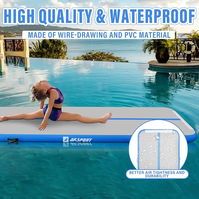 AKSPORT Inflatable Gymnatsics Mat Tumble Track 10ft 13ft 16ft 20ft 23ft Air Tumbling Mat with Air Pump for Home Use/Training/Cheerleading/Yoga