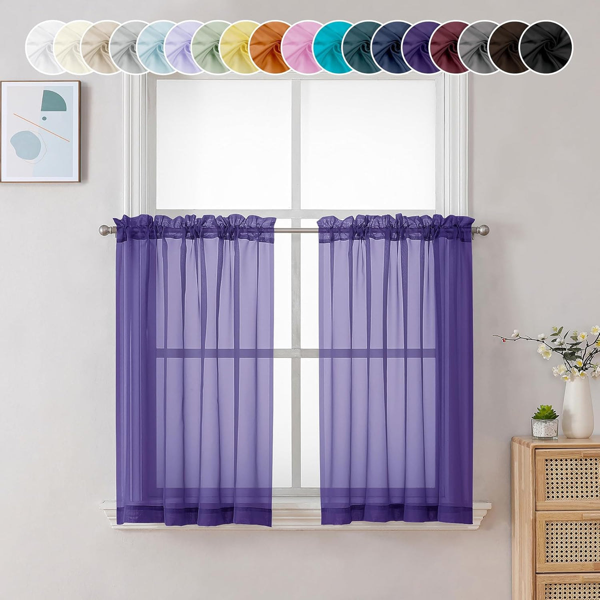 Chyhomenyc Sheer Curtains 36 inch Length 2 Panels, Light Filtering Voile Rod Pocket Short Window Sheer Curtians for Bathroom Living Room, 2PCS, Purple