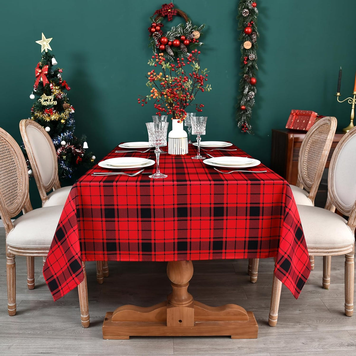 Classic Gingham Buffalo Xmas Tablecloth Fabric - Oblong 58x144 Inch Water Proof Checkered Table Cloth for Indoor Outdoor - Red Christmas Plaid Table Cover for Christmas, Holiday, New Year