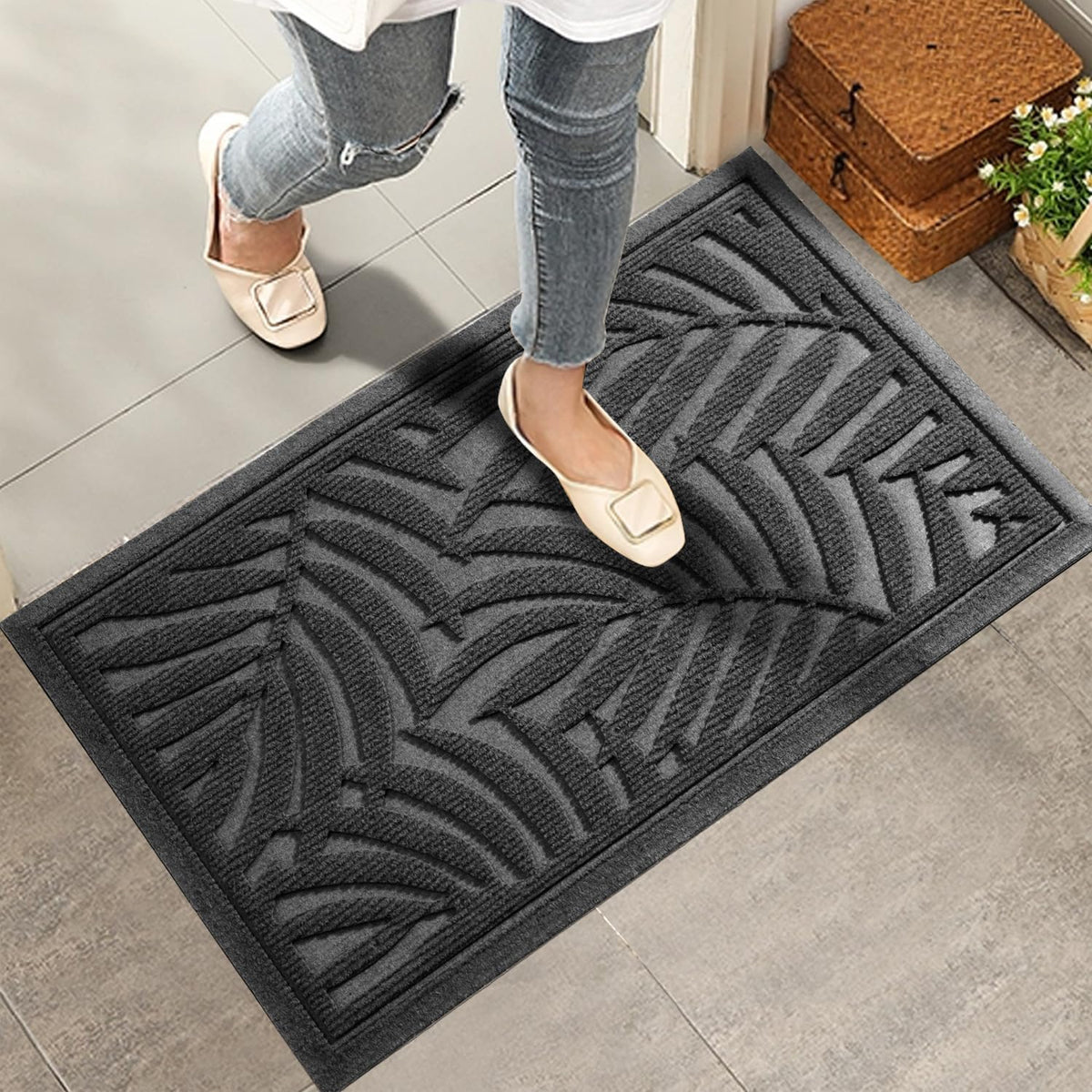 Front Door Mat, Absorbent Resist Dirt Welcome Door Mat Indoor Outdoor, Waterproof Doormat, Sturdy Non Slip Backing, Fade Resistant, Low Profile Entry Mat for Entryway, 36Ã24, Grey