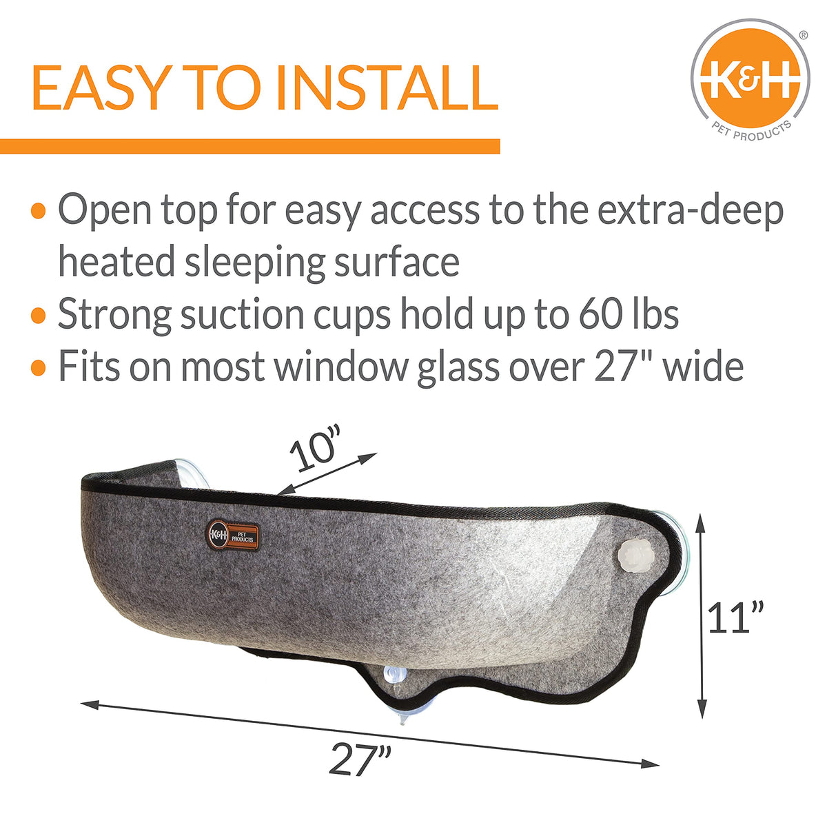 K&H Pet Products EZ Mount Thermo-Kitty Window Bed Extra-Deep Gray 27 X 10 X 11 Inches
