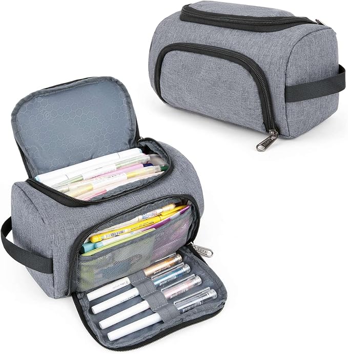 XQXA Large Capacity Pencil Case Organizer, Multifunctional Extra Big Pencil Pouch with Compartmens, Travel Simple Stationery Pen Bag, Fabric Pencil Bag for Men Women Girl Boy (Grey)