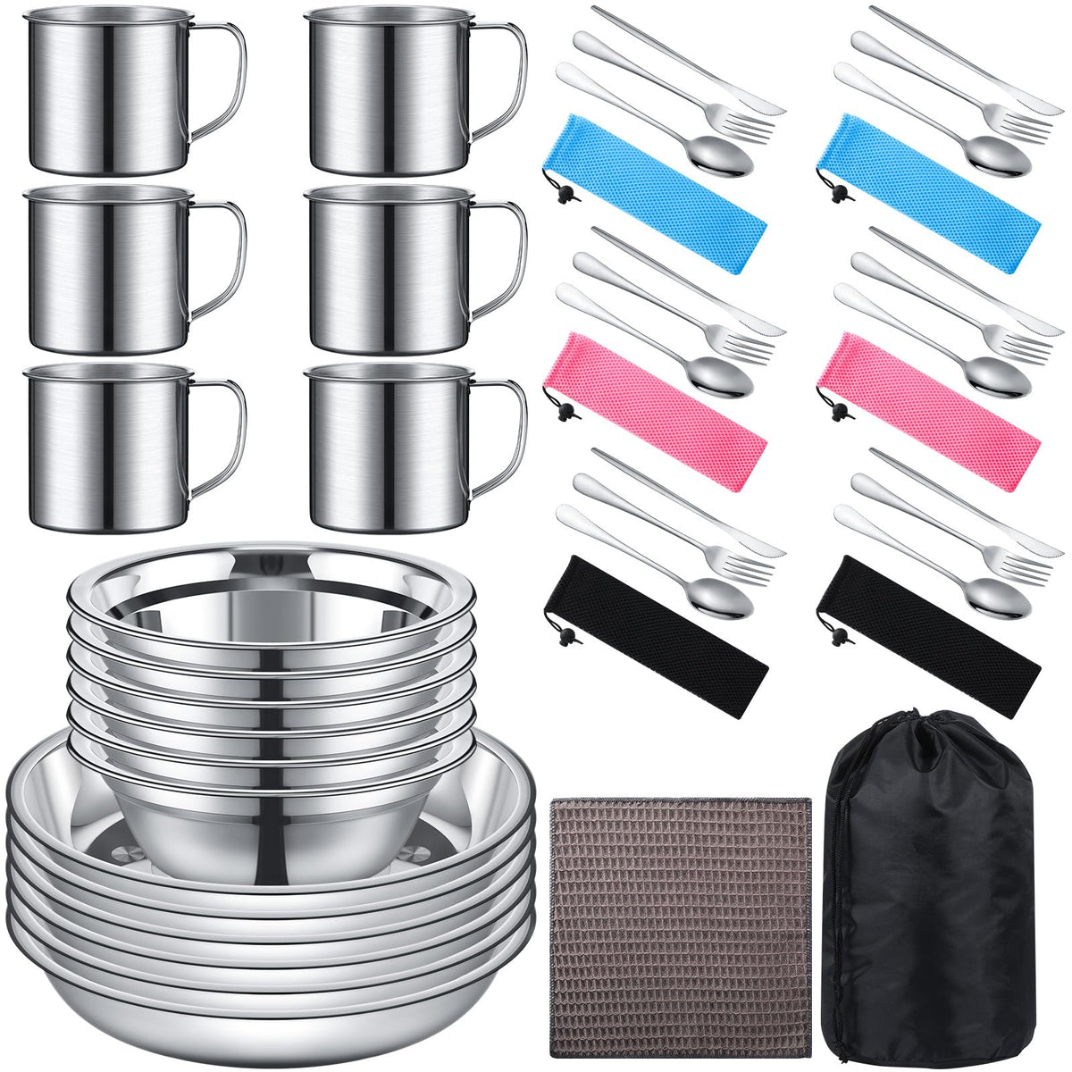 Lallisa 16 Pcs Outdoor Camping Cookware Mess Kit Polished Stainless Steel Dishes Camping Utensils Portable Tableware with Plates Cups Spoons Forks Knives Mesh Bag for Backpacking Hiking