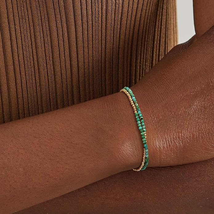 MYEARS Women Beaded Bracelet Gold Double Layer Gemstone 14K Simple Dainty Handmade Chain Everyday Boho Beach Jewelry