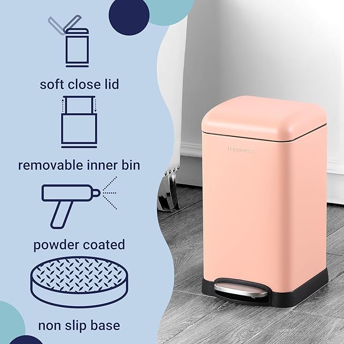 happimess HPM1012G Betty Retro Mini 3.2-Gallon Step-Open Trash Can, Fingerprint Resistant, Modern, Minimalistic for Home, Kitchen, Laundry Room, Office, Bedroom, Bathroom, Flamingo Pink