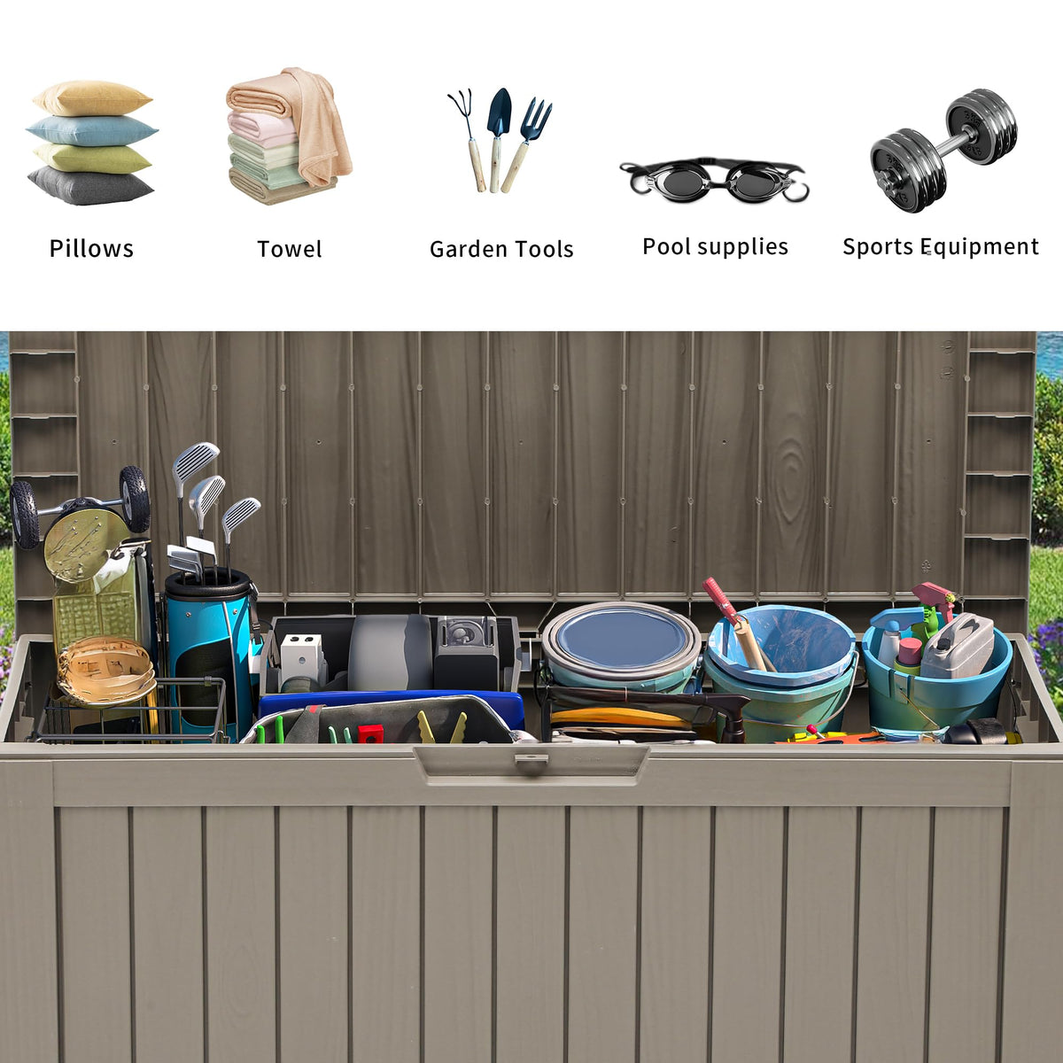 YITAHOME 72 Gallon Outdoor Storage Box w/Wheels, Resin Deck Box Indoor & Outdoor Patio Storage Box for Throw Pillows, Athletic Gear, Yard Implements (Light Brown)