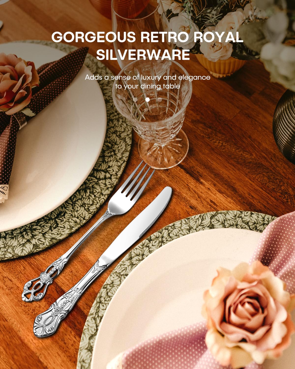 Stapava 24 Pcs Gorgeous Retro Royal Silverware Set with Gift Box, Stainless Steel Cutlery Flatware Set for 4, Include Forks Spoons and Knives set, Dishwasher Safe Utensils Set, Mirror Polished