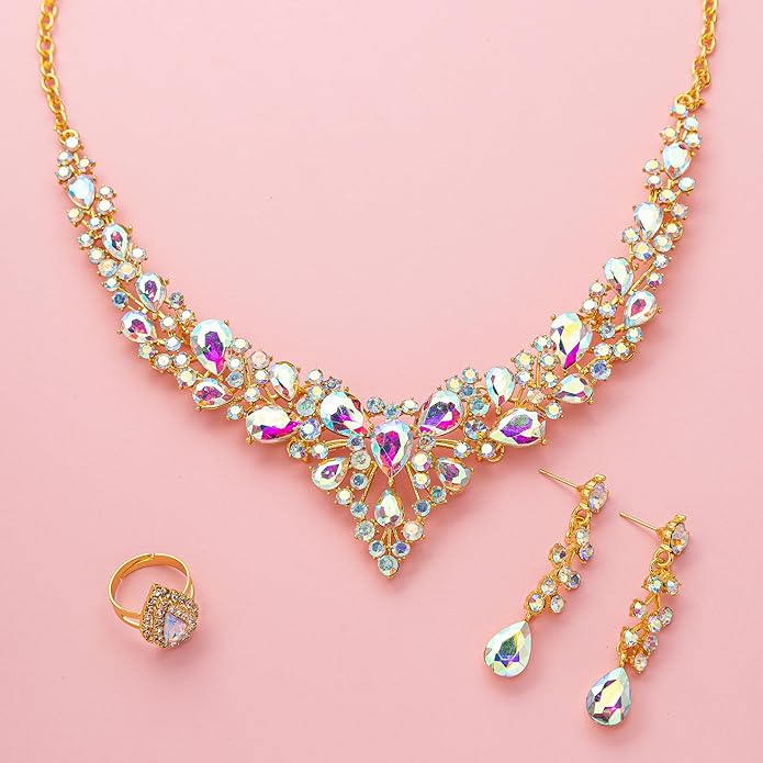 Crystal Bridal Wedding Jewelry Sets for Women Rhinestone Teardrop Crystal Statement Choker Necklace Drop Earrings Link Bracelets Rings Teardrop Jewelry Set for Brides Bridesmaids