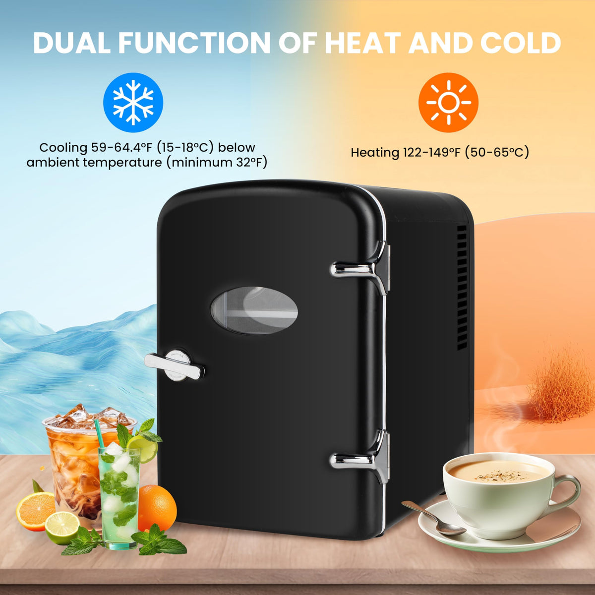 HealSmart Portable Mini Fridge, 4 Liter 6 Can Cooler and Warmer Compact Refrigerators with Observation Window, 100% Freon-Free & Eco Friendly for Drinks, 4L, Black