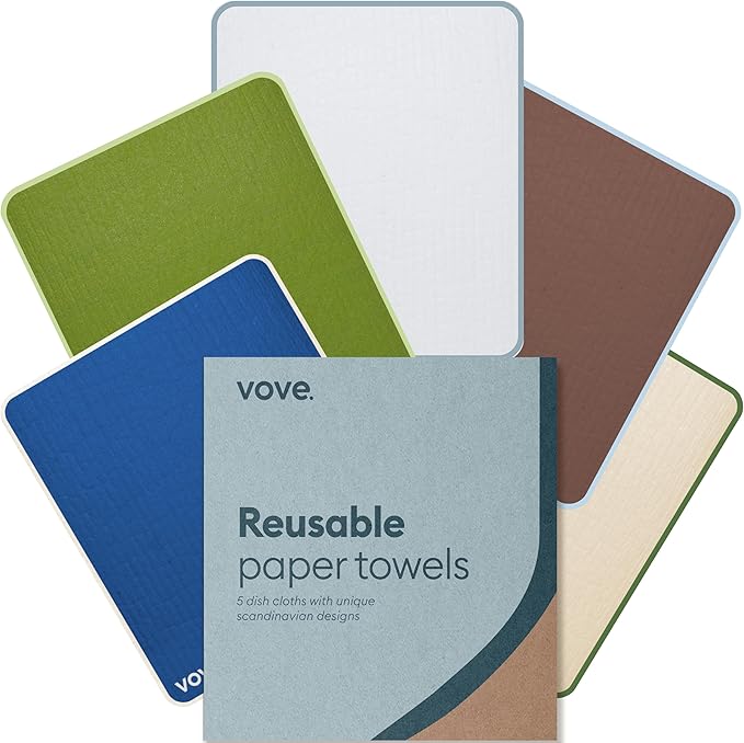 Vove Swedish Dishcloths 5-Pack, Essential Neutrals - FSC Certified Cellulose & Cotton, Oeko-TEX Standard 100, Reusable Washable Kitchen Cleaning Cloths, Eco Friendly Floral Design