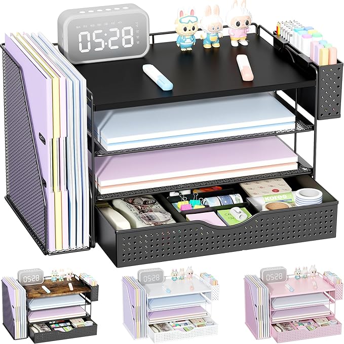 Wood Desk Organizers and Accessories with File Holder, 4-Tier Desk Accessories & Workspace Organizers with Drawer and Pen Holder, Paper Organizer for Office Supplies (Black)