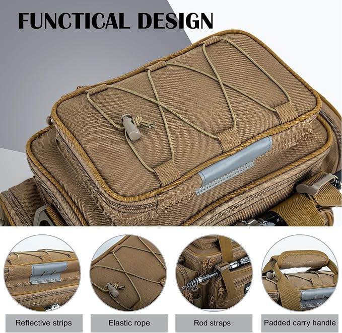 Goture Fishing Tackle Bag with 4 Tackle Boxes, Soft Side 600D Water-Resistant Cross Body Sling Fishing Bag with Rod Holder, Small Saltwater Gear Storage Tactical Bags, Gifts for Men/Women