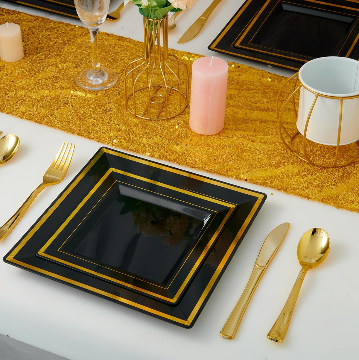 JOLLY CHEF 125 Count Square Black Gold Plastic Plates, Including 25 Disposable Dinner, 25 Dessert, 25 Knives, 25 Forks and 25 Spoons, Plastic Dinner Plates for Weddings and Parties