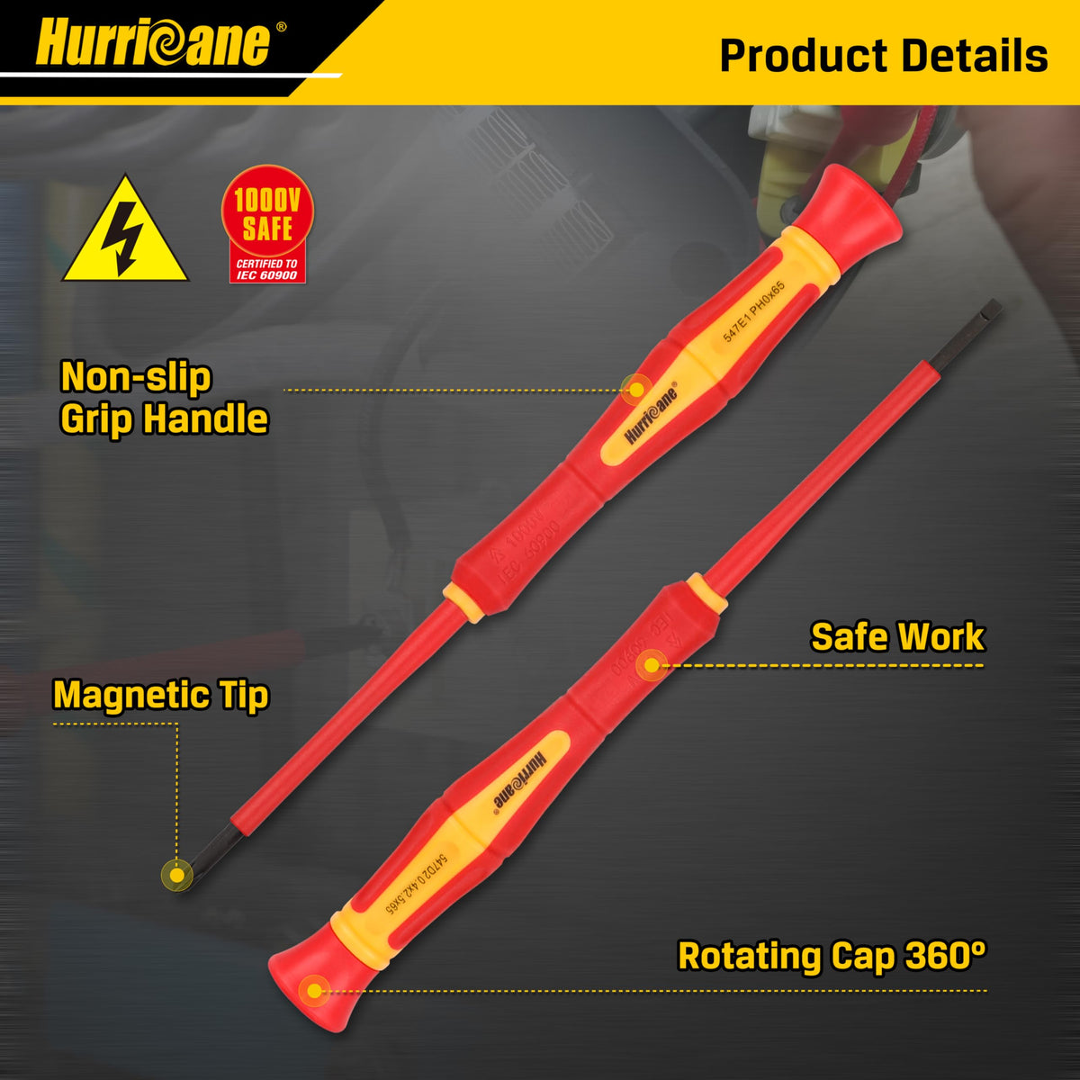 HURRICANE 1000V Precision Insulated Screwdriver Set, 6 Piece Insulated Electrician Screwdriver Set with Magnetic Tips for Electrical Repairs. Slotted(1.8mm, 2.0mm, 2.5mm, 3.0mm), Phillips(PH00, PH0)