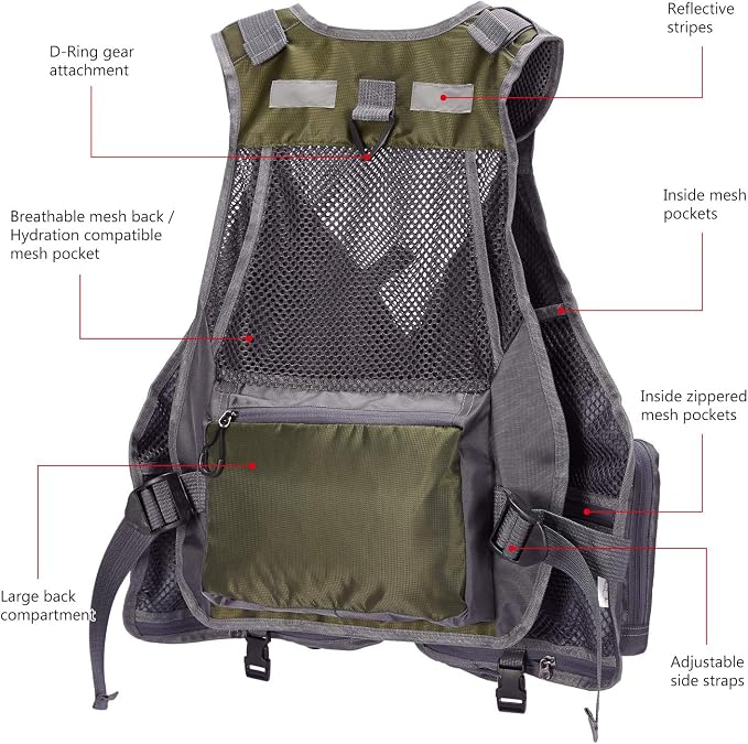 BASSDASH Strap Fishing Vest Adjustable for Men and Women, for Fly Bass Fishing and Outdoor Activities