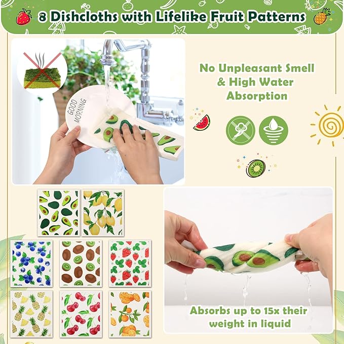 Lucomb Reusable Swedish Kitchen Dish Cloths, 8 Pack Replace Paper Towels Quick Drying Kitchen Sponges Dish Rags for Dishes Washing Home Cleaning Window Glass Wipes (Mixed Fruit)
