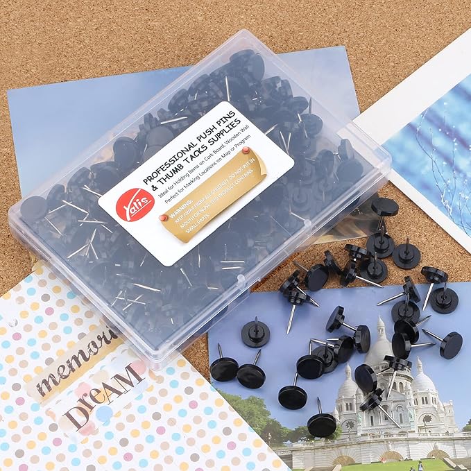 Push Pins 200-count Flat Black Thumb Tacks Steel Point and Plastic Head for Corkboard and Wooden Photo Wall