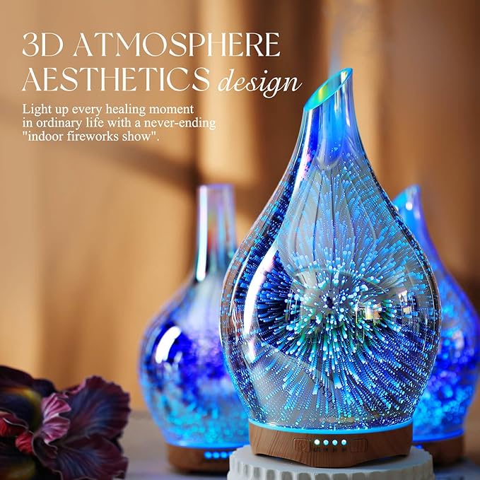 Porseme Essential Oil Diffuser 280ml Aromatherapy Ultrasonic Oil Diffusers 3D Glass Cool Mist Humidifier, Air Refresh Auto Shut-Off, Timer Setting, BPA Free for Home Hotel Yoga Leisure SPA Gift