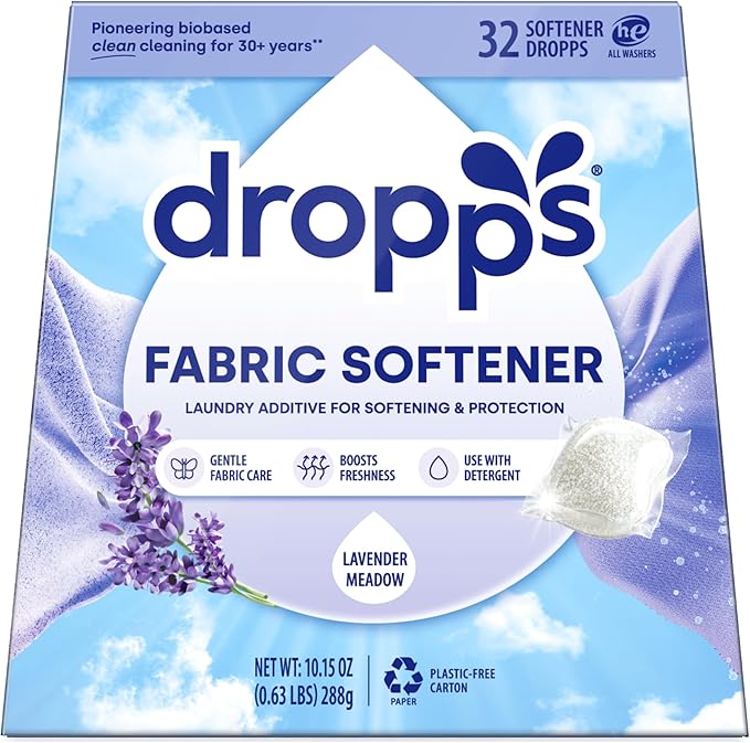 Dropps Laundry Fabric Softener Pods, Lavender Meadow (32 Pods) - Laundry Additive for Softening & Protection - HE Compatible Mineral Based Ingredients Laundry Supplies