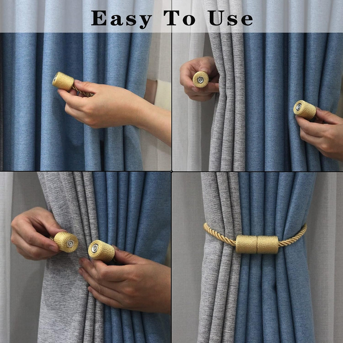 6 Pack Gold Strong Magnetic Curtain Tiebacks Outdoor Elegant Decorative Tie Backs Modern Rope Tiebacks for Drapes Window Curtain Holdbacks for Draperies