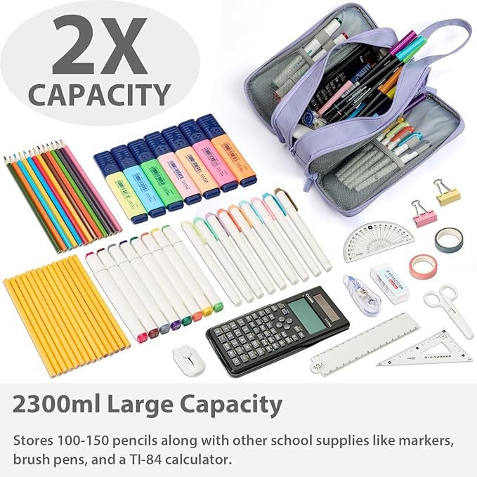 Pencil Case Pouch Box Bag School Supplies Girls Boys Kids, Cute Preppy Stuff Big Capacity Aesthetic Pen Organizer, Back to College Stationary, Purple, Extra Large Style, 2300ml