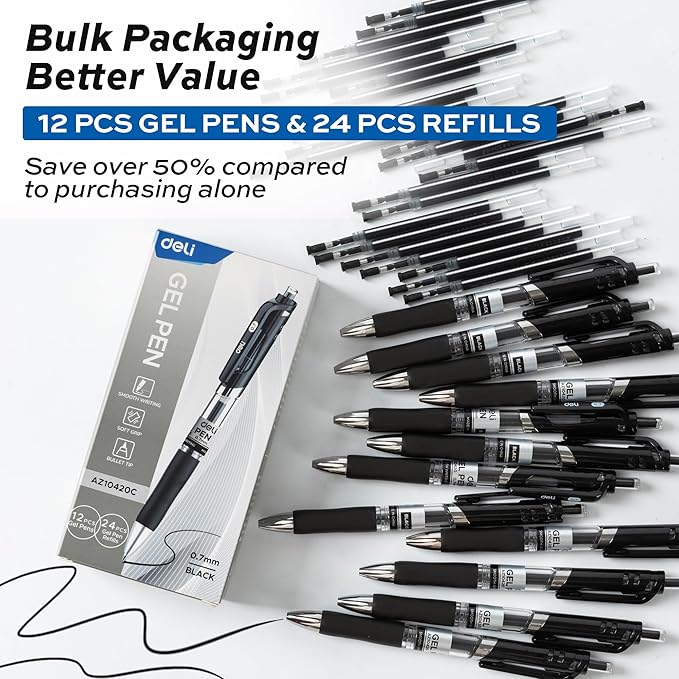 deli Gel Pens, 36 Pcs Retractable Black Ink, 12 Pens with 24 Refills，Medium Point Pen 0.7mm, Smooth Writing, Fast Dry, No Bleed for Journaling Note Taking, Home School Office Supplies