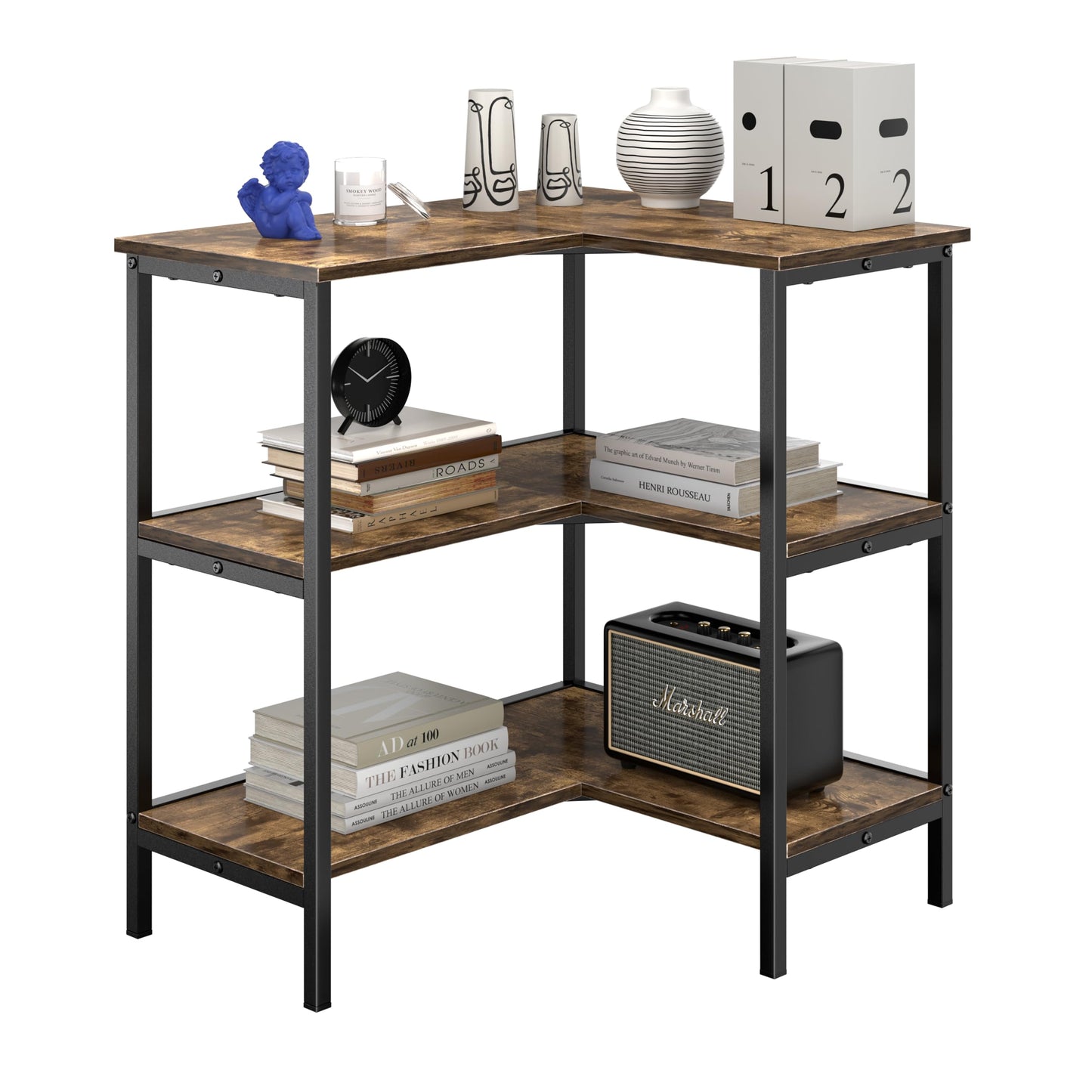VECELO Corner Cabinet Table with 3 Tier Open Shelf, Multipurpose Display Organizer Storage Stand for Small Space Home Office Kitchen, Brown