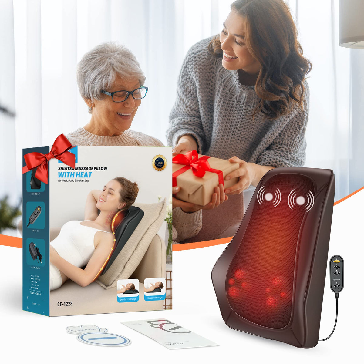 COMFIER Back Massager with Heat, Deep Tissue Shiatsu Neck and Back Massager for Pain Relief, Chair Use Massager Pillow with Adjustable Flap, Ideal Gift for Women Men