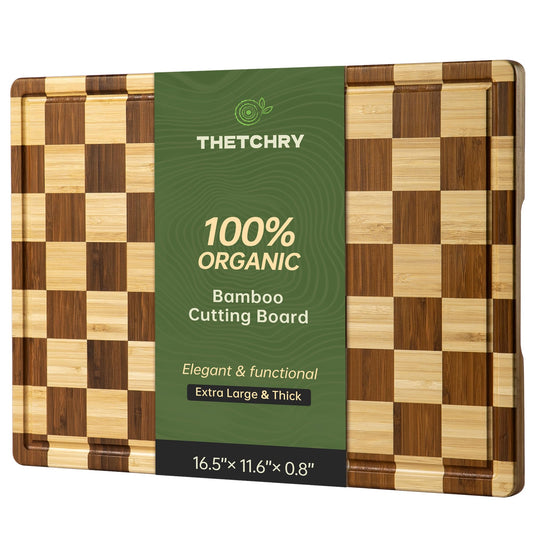 THETCHRY Checkered Bamboo Cutting Board, Thick End-Grain Wood Cutting Boards for the Kitchen, Chopping Boards with Juice Groove, Non-Slip, Durable & Crack-Resistant, Perfect Gifts 16.5” x 11.6” x 0.8”
