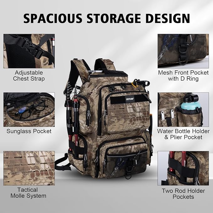 Goture Fishing Backpack,900D Water-Resistant Tackle Backpack with Rod Holders, SBS Zippers,45L Large Fishing Bag Storage Gear Tackle Bag with Rain Cover, Bottle Holder for Travel Camping Hiking