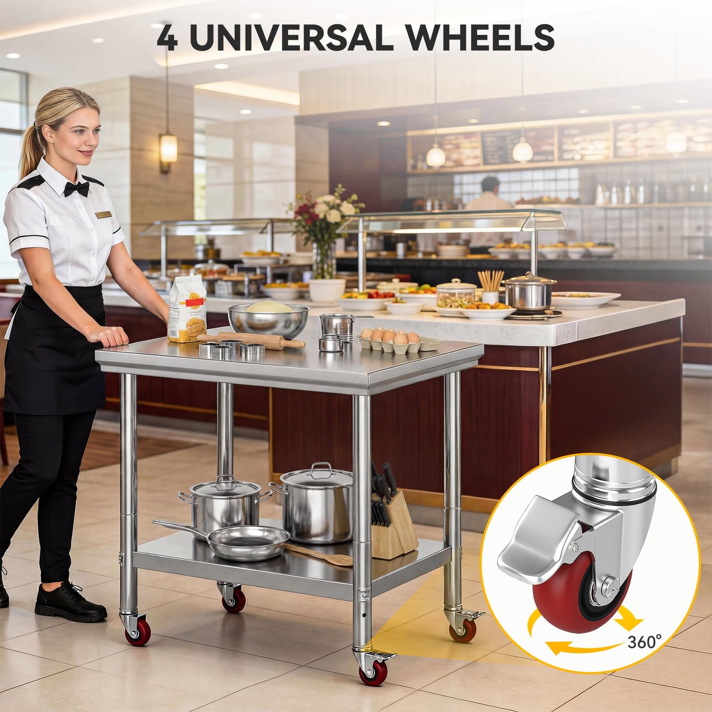 DWVO 30x24in Stainless Steel Table, NSF Metal Prep Worktable with Adjustable Shelf & Wheels for Kitchen Restaurant Hotel Garage Warehouse Home