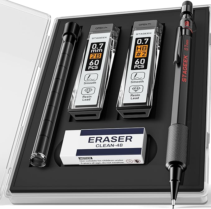 Mechanical Pencils 0.7mm with Case, Metal Weatherproof Body Outdoor Artist Mechanical Pencil with 120 PCS HB & 2B Lead Refills, Eraser, for Writing Drafting Drawing and Sketching