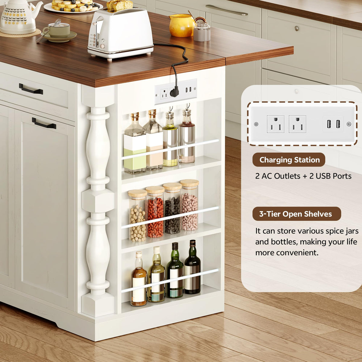 Homiflex Kitchen Island with Power Outlet & Trash Cabinet, 47.6" Roman Style Rolling Kitchen Island with Drop Leaf Tabletop 11.8", Kitchen Cart with Spice Rack & Drawers & Cabinets Coffee Bar Station